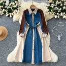LE2667 Denim Patchwork Women'S Dress Niche Vintage Color Combination Long-Sleeved Single-Breasted Strap Shirt Office Woman Dress