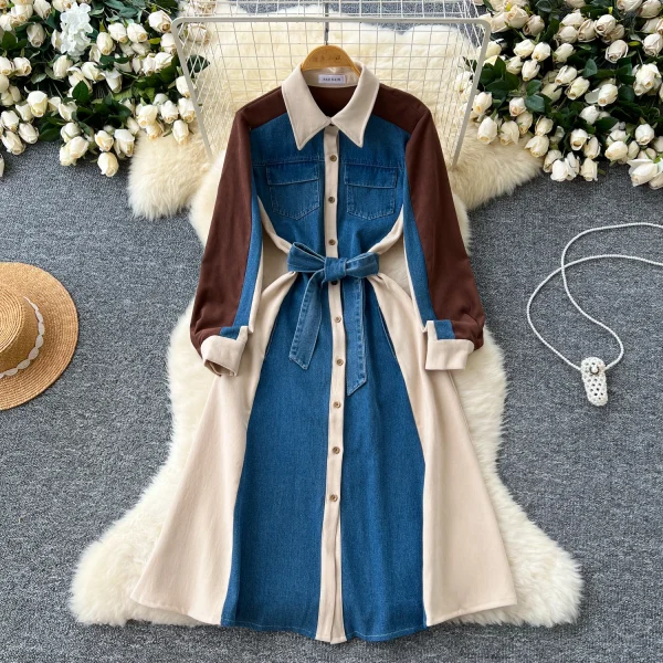 LE2667 Denim Patchwork Women'S Dress Niche Vintage Color Combination Long-Sleeved Single-Breasted Strap Shirt Office Woman Dress - Image 3
