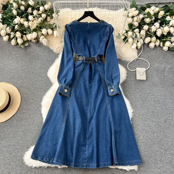LE2649 Ladies Boutique Denim Dresseses Female Square Neck Autumn Winter Midi Dress Woman Direct Long Dresses - Image 2