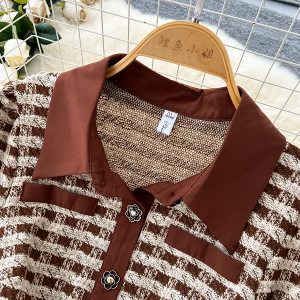 LE4781 Autumn New Senior Sense Retro Lapel Long Sleeve Plaid Patchwork Receiving Waist Mesh Gauze Peng Peng Dress Female - Image 5