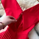 LE2624 Temperament Large Size Deep V-Neck Evening Dress Red Pleated Skirt Stitching Bridesmaid'S Wedding Dress Loose Maxidress