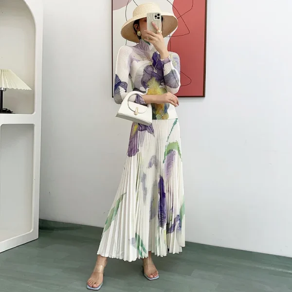 Fold Suit Print High Collar Fold Top + Pleated Skirt Casual Two Piece Set - Image 3