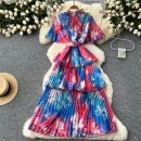 LE2637 Retro Metal Buckle Pleated Midi Dresses Woman Flared Short Sleeve Smudged Print Dress Autumn New Holiday Party Cake Dress
