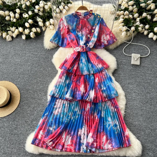 LE2637 Retro Metal Buckle Pleated Midi Dresses Woman Flared Short Sleeve Smudged Print Dress Autumn New Holiday Party Cake Dress