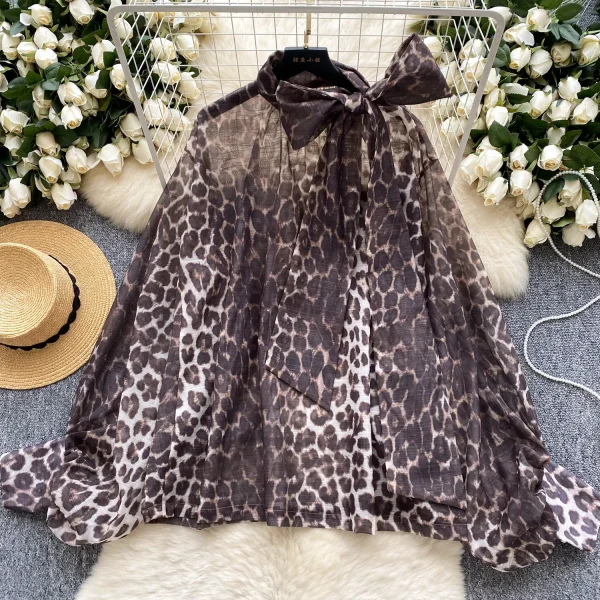 LW0708 Vintage Light Wind Leopard Print Shirt Women Butterfly Bow Tie Mesh Temperament Blouses Elegant Women Ladies