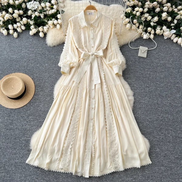 LE4780 Elegant Dress Female Fall Ladies Ladies Dress Niche High-Grade Lace Patchwork Single Breasted Waist Over Knee Dress - Image 4