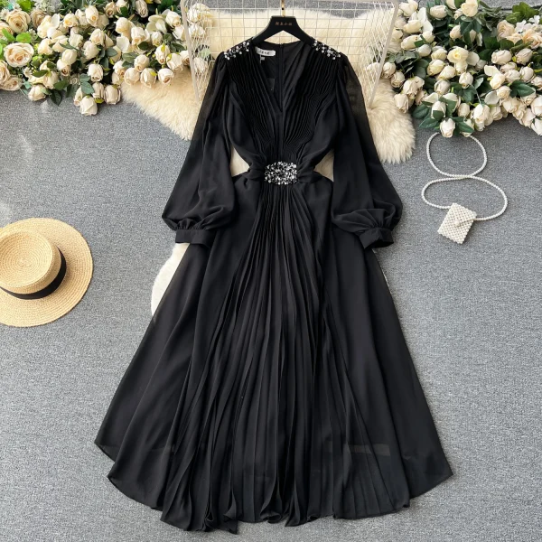 LE2605 Autumn Vintage Pleated V-Neck Evening Gown Female High Quality Nail Drill Flowing Hemline Socialite Long Evening Dresses - Image 6