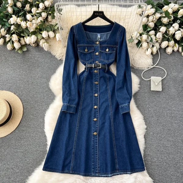 LE2650 Ladies Boutique Denim Dresseses Female Korean Long Sleeve Autumn Winter Midi Dress Woman Direct 2025