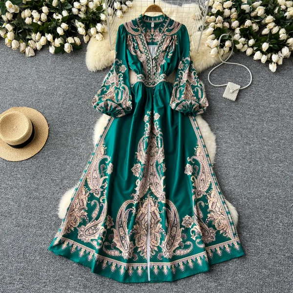 LE2634 Ethnic Printed Dresses Maxi Autumn New Court Style V-Neck Long Sleeve Banquet Robe Woman Boutique Holiday Dress for Women