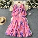 LE2627 Ethnic Beaded V-Neck Printed Dress Temperament Lantern Long Sleeve Long Floral Dresses Women Elegant Holiday Dinner Dress