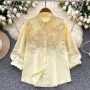 LW0747 2025 New High-Grade Hollow Hook Embroidery Lace Lantern Sleeve Slim Chic Shirts for Women Tops