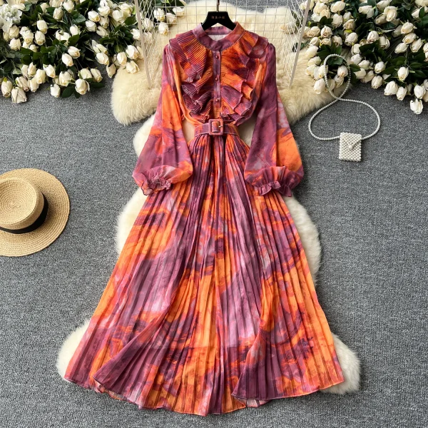 LE2639 Oil Print Midi Dress Lady French Vintage Elegant Dress Women'S Plicated Splicing Long Sleeve Waist Print Chiffon Dresses - Image 6