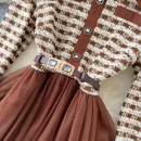 LE4781 Autumn New Senior Sense Retro Lapel Long Sleeve Plaid Patchwork Receiving Waist Mesh Gauze Peng Peng Dress Female