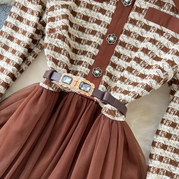 LE4781 Autumn New Senior Sense Retro Lapel Long Sleeve Plaid Patchwork Receiving Waist Mesh Gauze Peng Peng Dress Female - Image 6