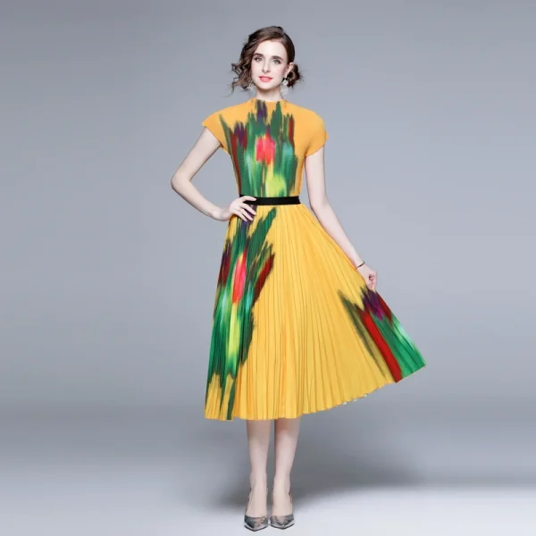 Fast Delivery Boutique Two Piece Sets Printed Short Sleeve Top Printed Long Pleated Skirt Miyake Pleated Casual Style Sets - Image 2